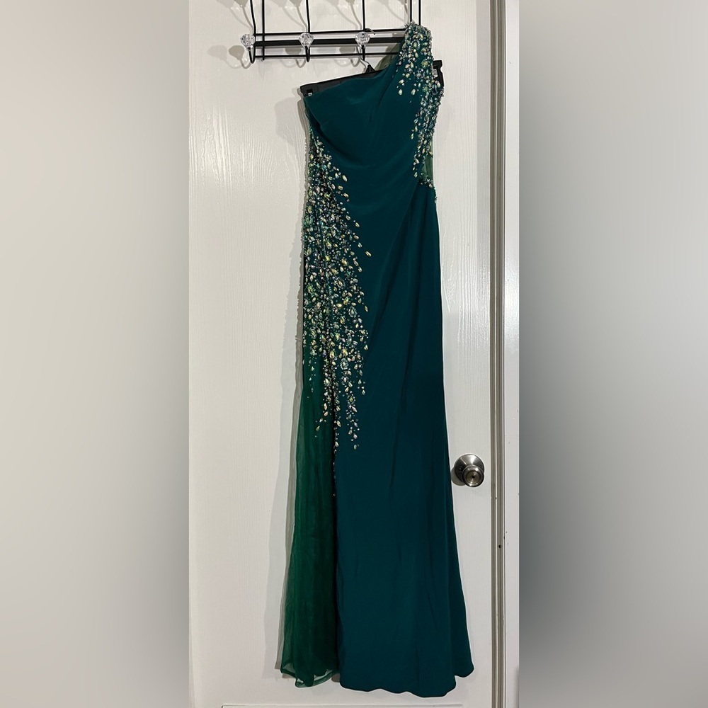 JOOY Couture Green Satin Gown with Beaded Detail